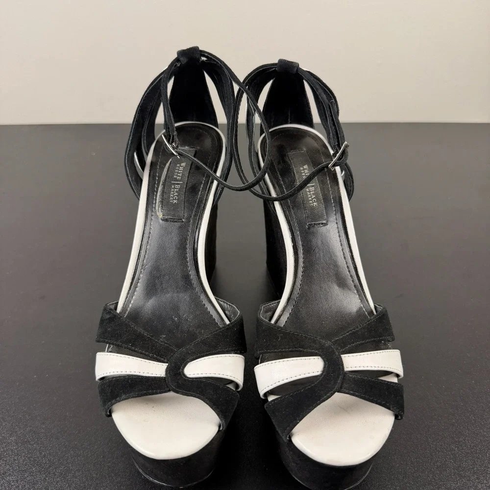 White House Black Market Platform Heels Womens 8M Black Suede Peep Toe Career